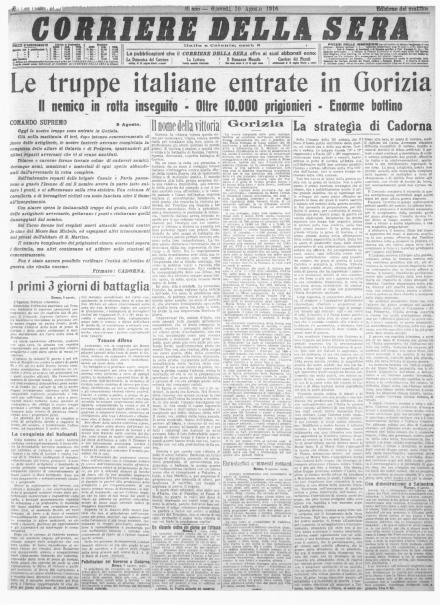 La prima pagina del Corriere della Sera del 10 agosto 1916