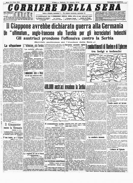 La prima pagina del Corriere della Sera del 15 agosto 1914