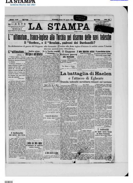La prima pagina de La Stampa del 15 agosto 1914
