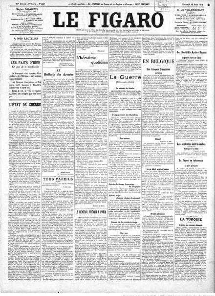La prima pagina de Le Figaro del 15 agosto 1914