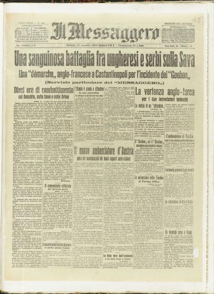 La prima pagina de Il Messaggero del 15 agosto 1914