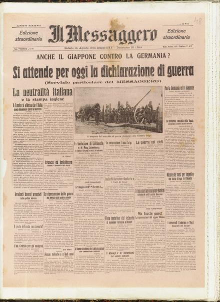 La prima pagina de Il Messaggero del 15 agosto 1914