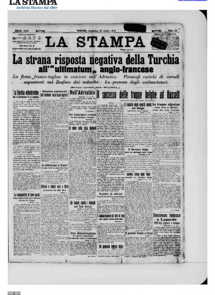 La prima pagina de La Stampa del 16 agosto 1914