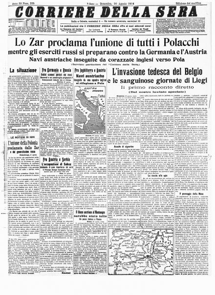 La prima pagina del Corriere della Sera del 16 agosto 1914