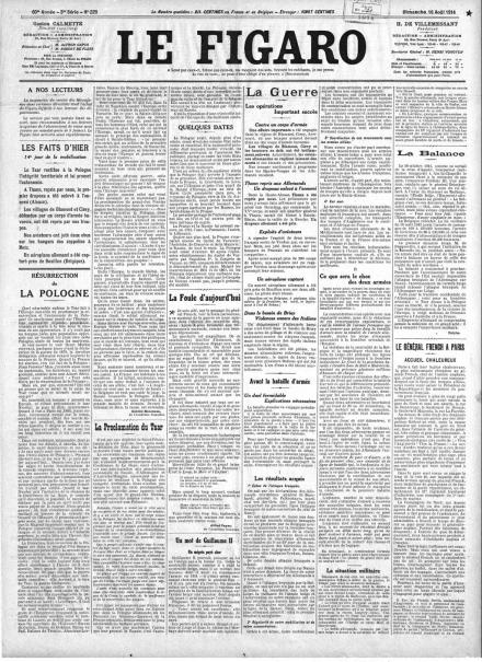 La prima pagina de Le Figaro del 16 agosto 1914