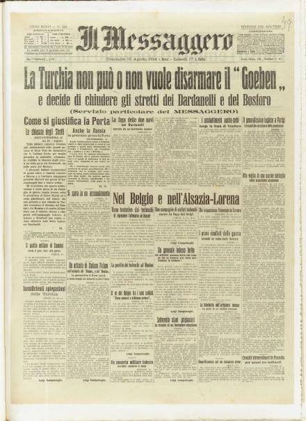 La prima pagina de Il Messaggero del 16 agosto 1914