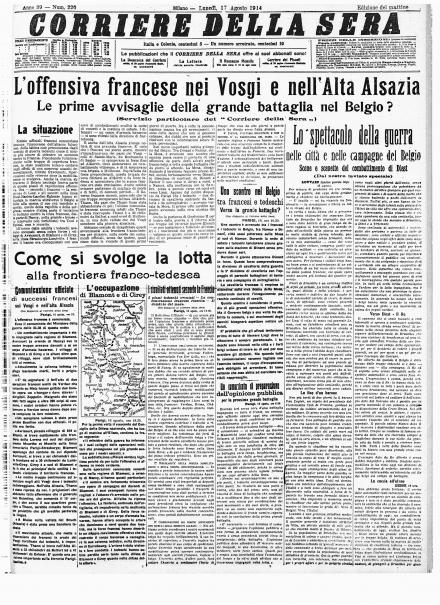La prima pagina del Corriere della Sera del 17 agosto 1914