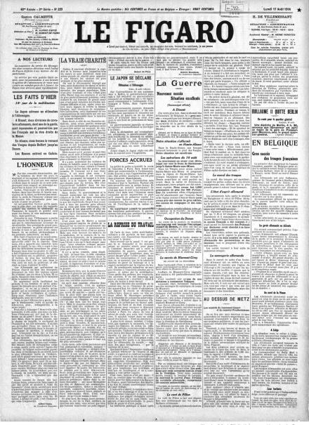 La prima pagina de Le Figaro del 17 agosto 1914