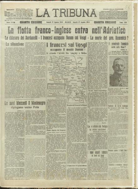 La prima pagina de La Tribuna del 17 agosto 1914