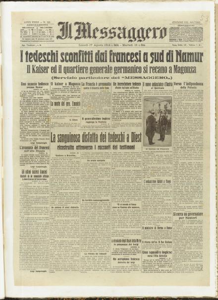La prima pagina de Il Messaggero del 17 agosto 1914