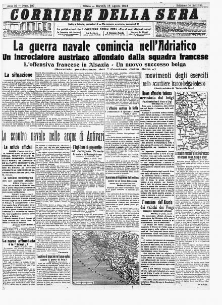 La prima pagina del Corriere della Sera del 18 agosto 1914