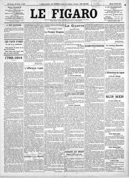 La prima pagina de Le Figaro del 18 agosto 1914