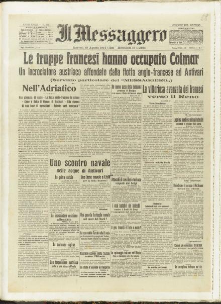 La prima pagina de Il Messaggero del 18 agosto 1914