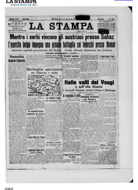 La prima pagina de La Stampa del 19 agosto 1914