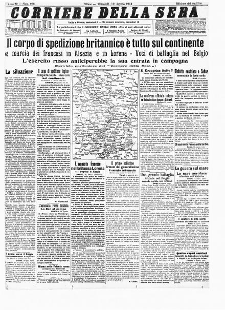La prima pagina del Corriere della Sera del 19 agosto 1914