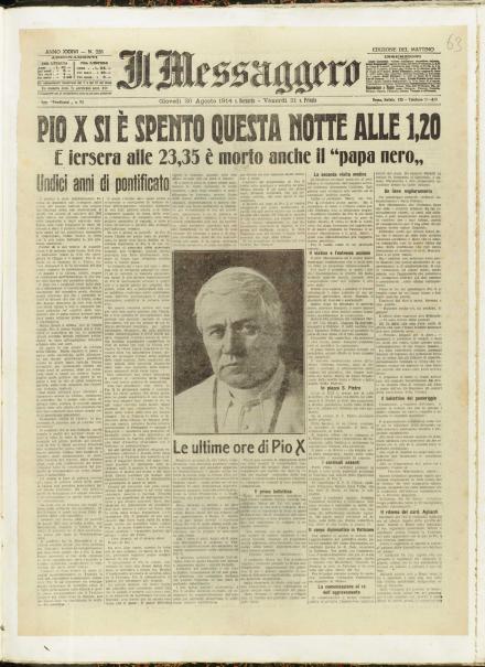 La prima pagina de Il Messaggero del 20 agosto 1914