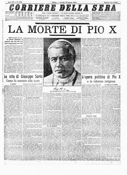 La prima pagina del Corriere della Sera del 20 agosto 1914