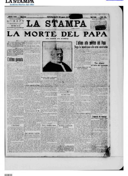 La prima pagina de La Stampa del 20 agosto 1914