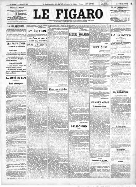 La prima pagina de Le Figaro del 20 agosto 1914