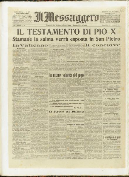 La prima pagina de Il Messaggero del 21 agosto 1914