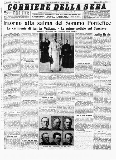 La prima pagina del Corriere della Sera del 21 agosto 1914