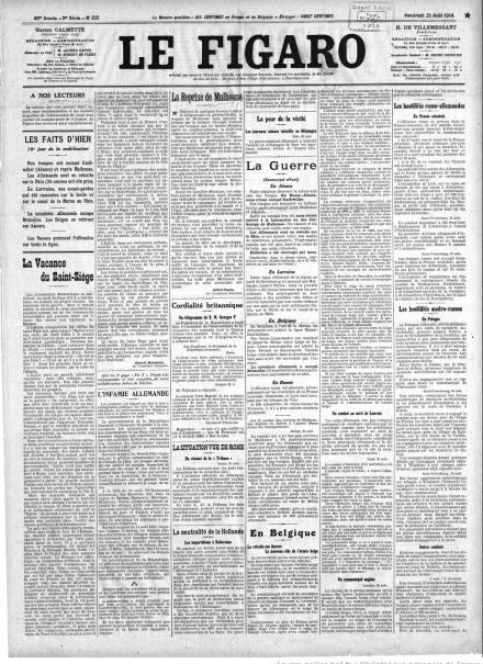 La prima pagina de Le Figaro del 21 agosto 1914