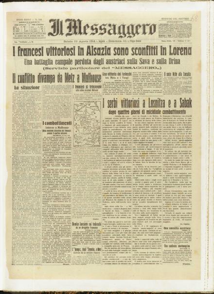 La prima pagina de Il Messaggero del 22 agosto 1914