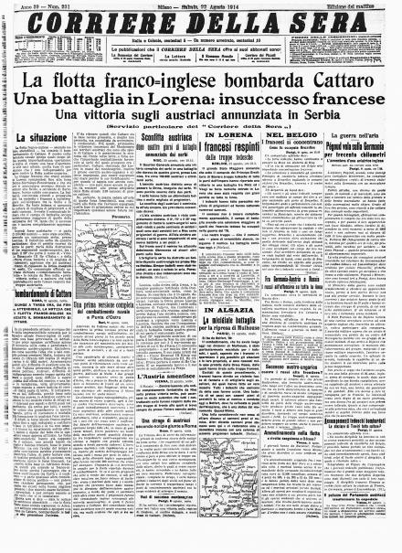 La prima pagina del Corriere della Sera del 22 agosto 1914