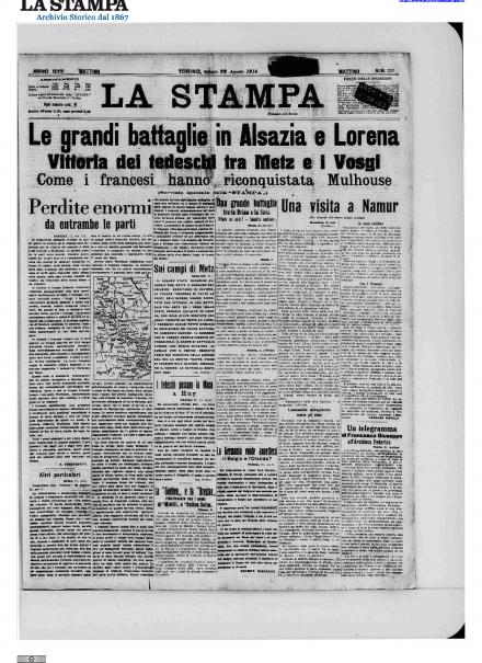 La prima pagina de La Stampa del 22 agosto 1914