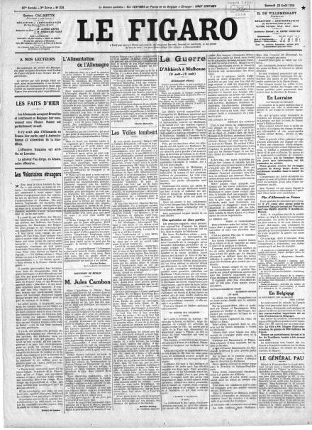 La prima pagina de Le Figaro del 22 agosto 1914