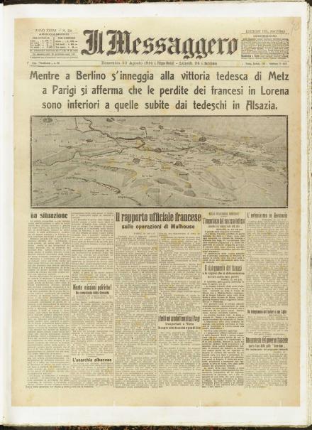 La prima pagina de Il Messaggero del 23 agosto 1914