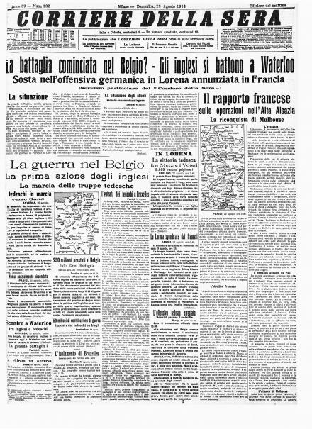 La prima pagina del Corriere della Sera del 23 agosto 1914