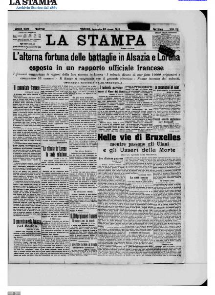 La prima pagina de La Stampa del 23 agosto 1914