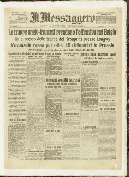 La prima pagina de Il Messaggero del 24 agosto 1914