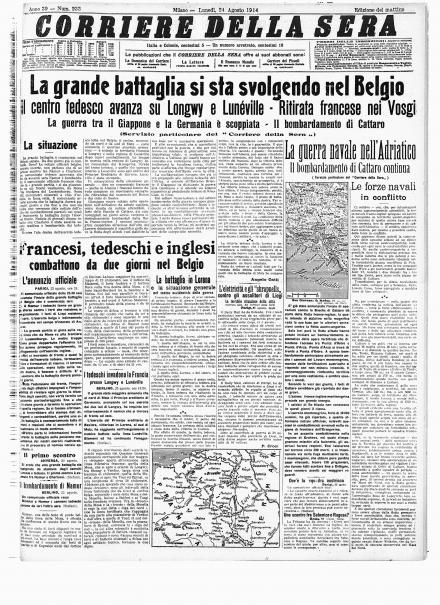 La prima pagina del Corriere della Sera del 24 agosto 1914