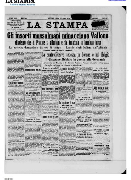 La prima pagina de La Stampa del 24 agosto 1914