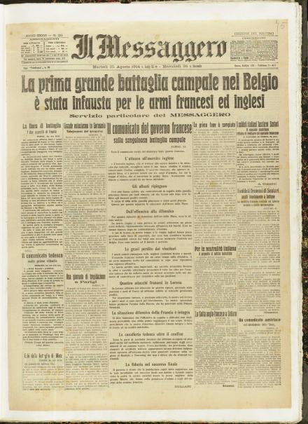 La prima pagina de Il Messaggero del 25 agosto 1914