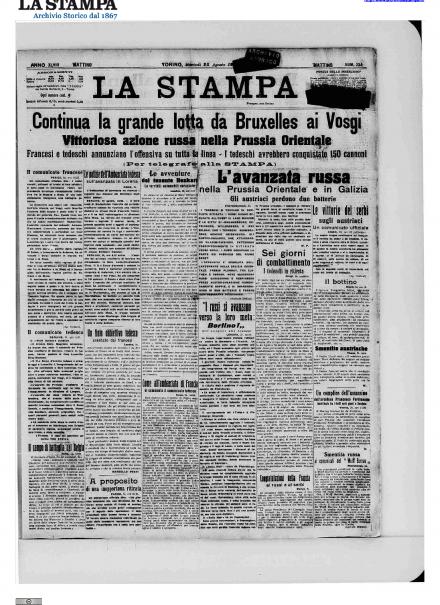 La prima pagina de La Stampa del 25 agosto 1914