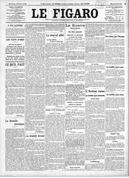 La prima pagina de Le Figaro del 25 agosto 1914