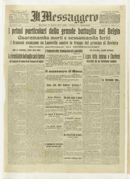 La prima pagina de Il Messaggero del 26 agosto 1914