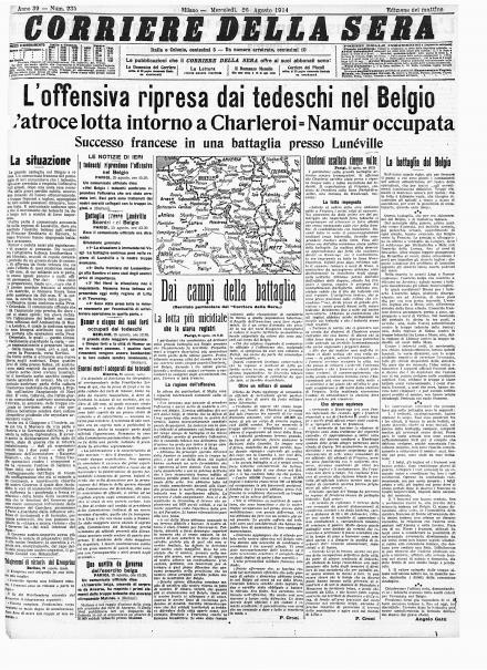 La prima pagina del Corriere della Sera del 26 agosto 1914