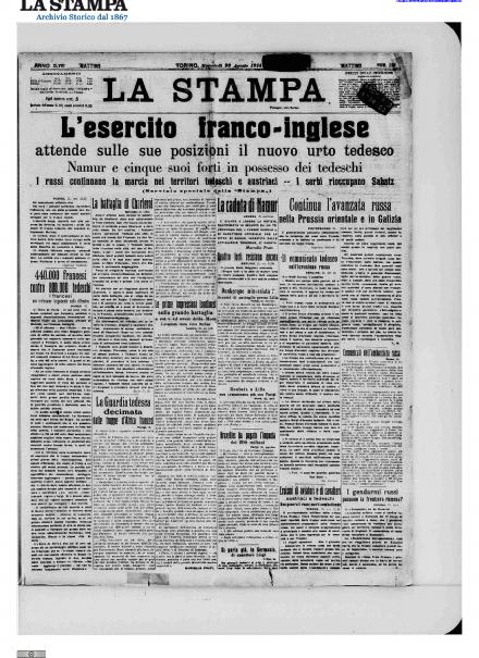 La prima pagina de La Stampa del 26 agosto 1914