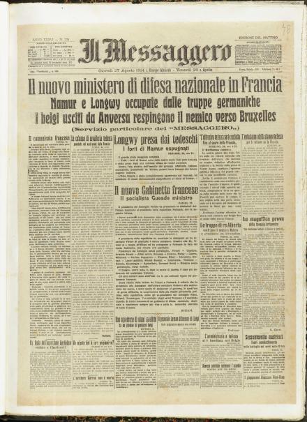 La prima pagina de Il Messaggero del 27 agosto 1914