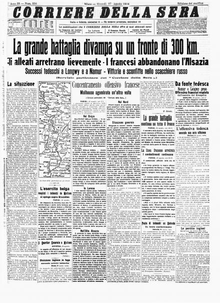 La prima pagina del Corriere della Sera del 27 agosto 1914
