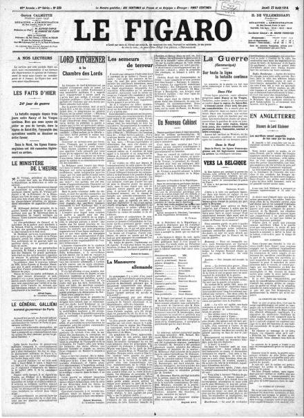 La prima pagina de Le Figaro del 27 agosto 1914
