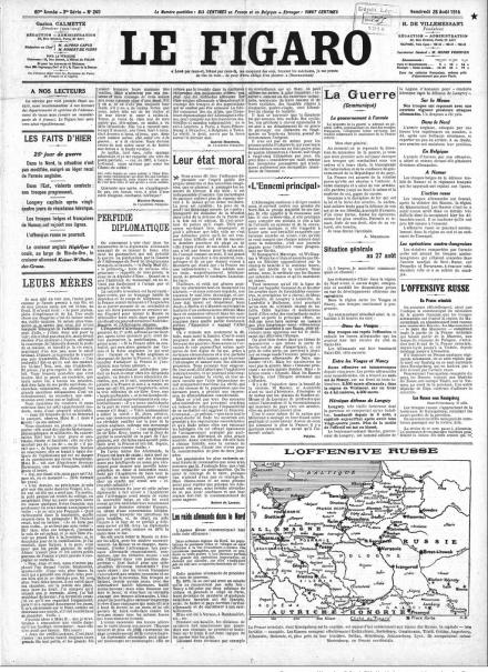 La prima pagina de Le Figaro del 28 agosto 1914