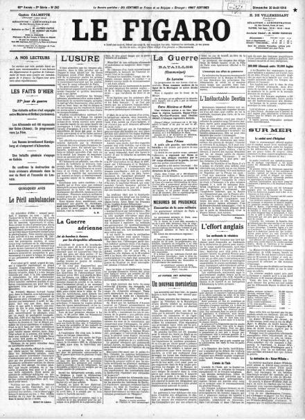 La prima pagina di Le Figaro del 30 agosto 1914