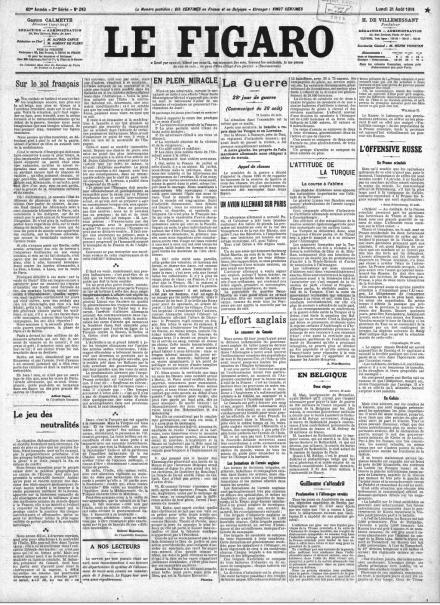 La prima pagina de Le Figaro del 31 agosto 1914