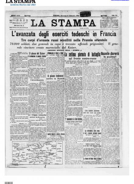 La prima pagina de La Stampa del 2 settembre 1914