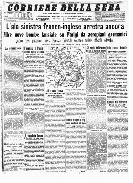 La prima pagina del Corriere della Sera del 2 settembre 1914